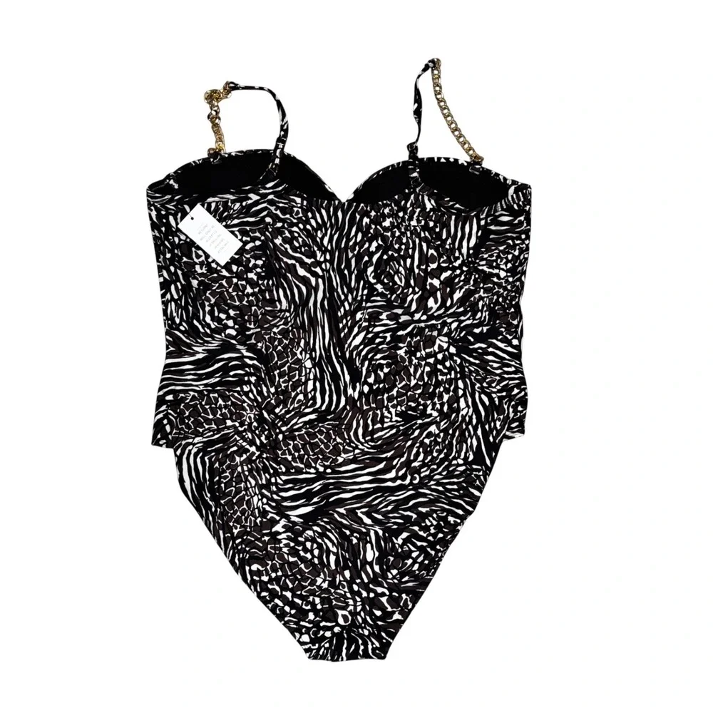 ELOQUII Swim One Piece Black Brown White Animal Print Gold Chain Strap Sz 26 NWT